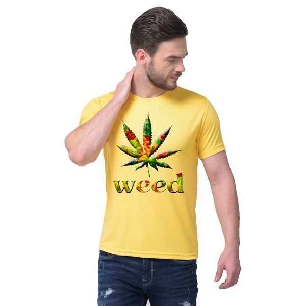 Buy WEED PRINTED YELLOW ROUND NECK Tshirt on EMI