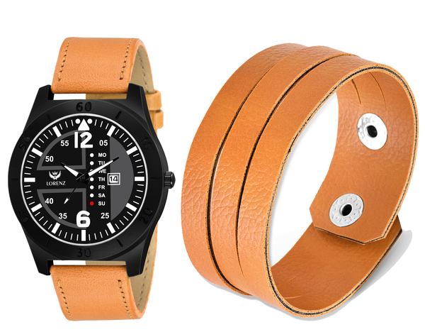 Buy Lorenz MK-2028W Date Edition Black Dial Watch & Leather bracelet for Men\Boys | 2028-BR3 on EMI