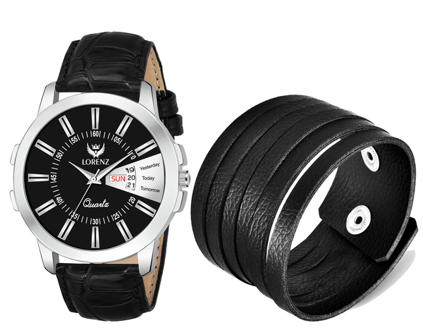 Buy Lorenz Black Dial Watch Day and Date Watch & Leather bracelet for Men\Boys |2074-BR4 on EMI