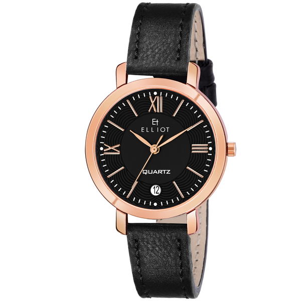 Buy Elliot Black Dial Analog Date Function Leather Strap Wrist Watch for Women on EMI
