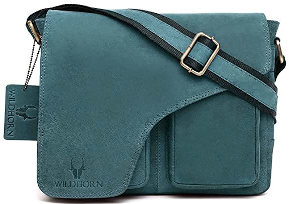 Buy Wildhorn 11 Inch Leather Office Laptop Messenger Bag For Men And Women Blue Hunter Color (Blue Hunter) on EMI