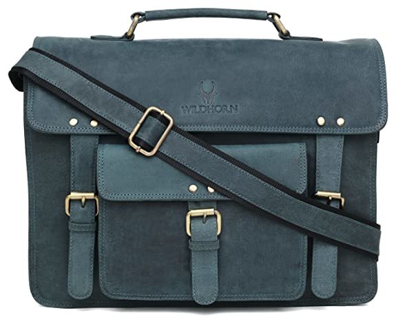 Buy Wildhorn 15 Inch Leather Office Laptop Messenger Bag For Men And Women Blue Hunter Color (Blue Color) on EMI