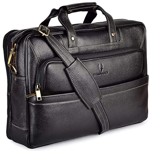 Buy Wildhorn 16 Inch Leather Office Laptop Messenger Bag For Men And Women Black (Black) on EMI