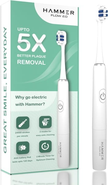 Buy Hammer Flow 2.0 Electric Toothbrush and 2 Replaceable Brush Heads for Men and Women, 2 Brushing Modes, Rechargeable Battery, Waterproof, Super-Soft Bristles, Electric Brush (White) on EMI
