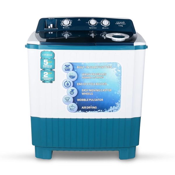Buy Croma 7 Kg 5 Star Semi Automatic Washing Machine With Built In Soak Function (White & Blue) 2 Years Warranty - A Tata Product on EMI