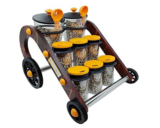 Buy Zello Multipurpose Wooden Spice Rack for Kitchen 8 Jars | Cycle Masala Pickle Box Set 8 Spice Containers with 2 Spoon (Multicolor) on EMI