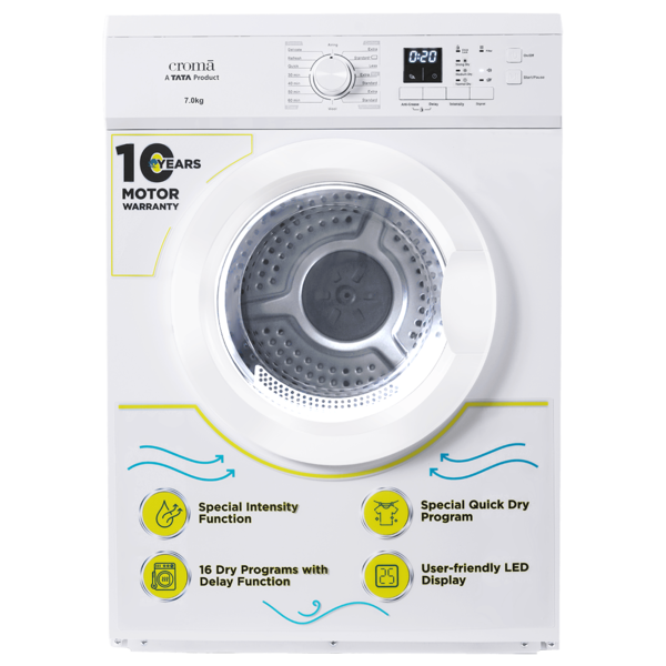 Buy Croma 7 Kg Fully Automatic Front Load Dryer (Fixed Frequency Motor, White) With 2 Years Warranty - A Tata Product on EMI