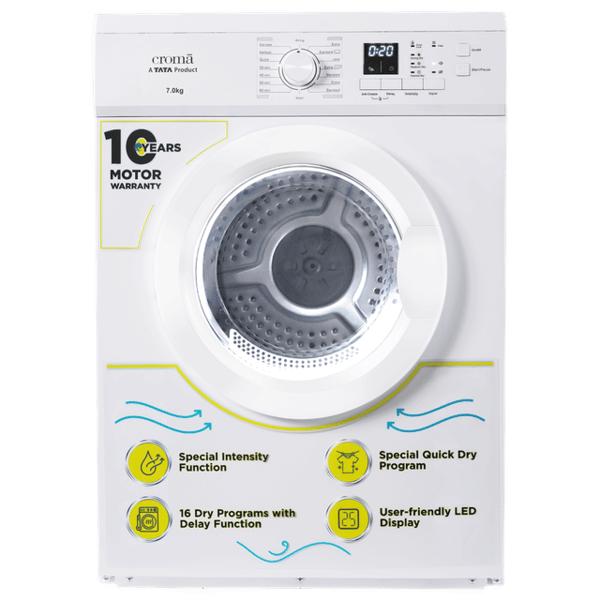 Buy Croma 7 Kg Fully Automatic Front Load Dryer (Fixed Frequency Motor, White) With 2 Years Warranty - A Tata Product on EMI