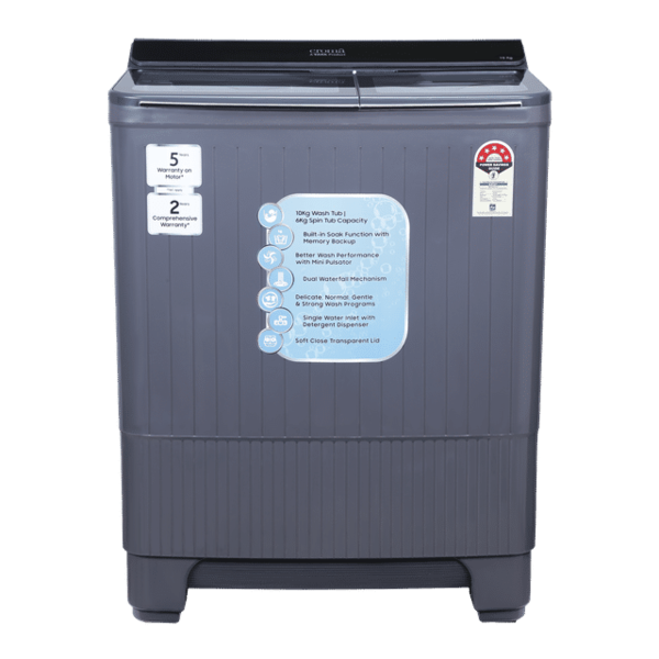 Buy Croma 10 Kg 5 Star Semi Automatic Washing Machine With Dual Waterfall Mechanism (Dark Grey) 2 Years Warranty - A Tata Product on EMI