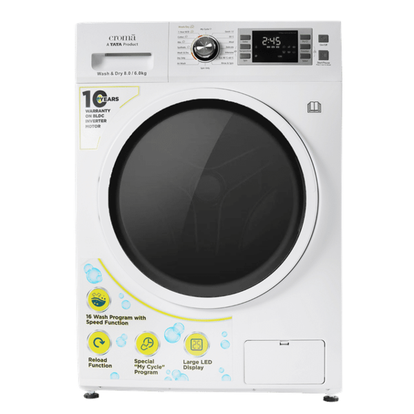 Buy Croma 8/6 Kg Fully Automatic Front Load Washer Dryer Combo (Built In Heater, White) With 2 Years Warranty - A Tata Product on EMI