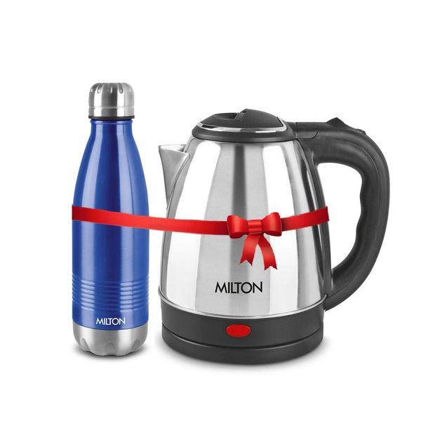 Buy Milton Combo Set Go Electro Stainless Steel Kettle, 1.2 Litres, Silver and Duo Dlx 1000 Thermosteel Hot and Cold Bottle, 1000 ml, Blue | Office | Home | Kitchen | Travel Water Bottle on EMI