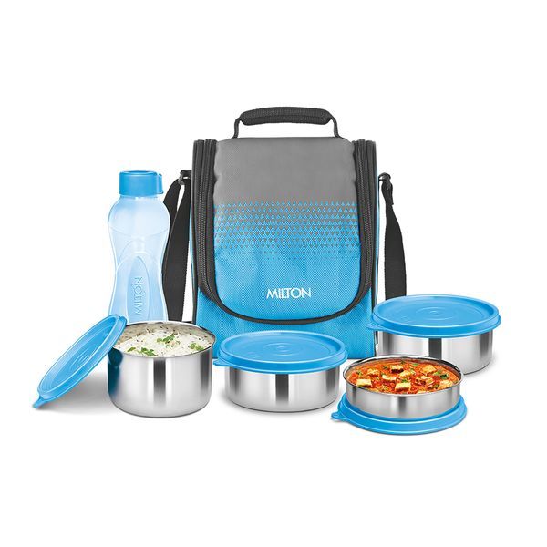 Buy Milton Tasty 4 Stainless Steel Combo Lunch Box with Bottle, Cyan on EMI