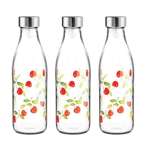 Buy Treo By Milton Ivory Premium Glass Printed Bottle, Set of 3, 1000 ml Each, Red Cherries | Shakes | Smoothies | Water Bottle | Milk Bottle | Juice | Cocktail Bottle | Decor Bottle | Designer Bottle on EMI