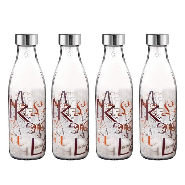 Buy Treo By Milton Ivory Premium Glass Printed Bottle, Set of 4, 1000 ml Each, Words | Shakes | Smoothies | Water Bottle | Milk Bottle | Juice | Cocktail Bottle | Decor Bottle | Designer Bottle on EMI