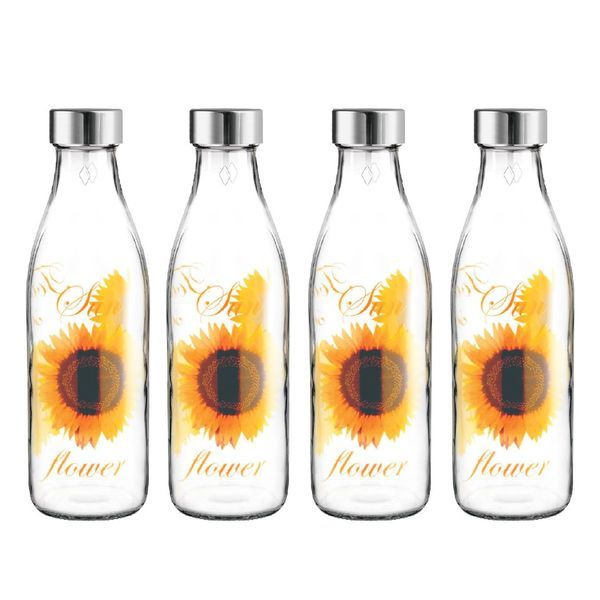 Buy Treo By Milton Ivory Premium Glass Printed Bottle, Set of 4, 1000 ml Each, Yellow Floral | Shakes | Smoothies | Water Bottle | Milk Bottle | Juice | Cocktail Bottle | Decor Bottle | Designer Bottle on EMI