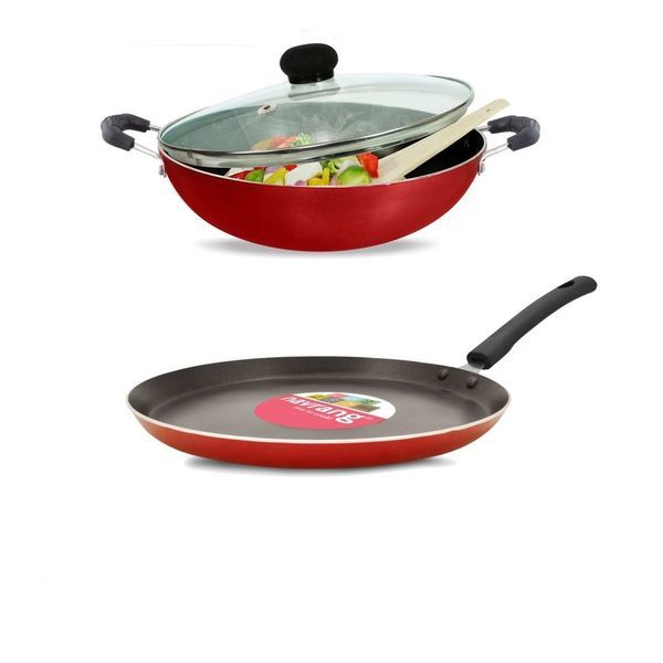 Buy Navrang Nonstick Three Pieces Combo Set Dosa Tawa And Kadai With Glass Lid on EMI