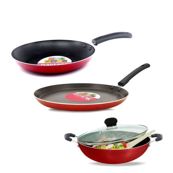 Buy Navrang Non-Stick Aluminium 4 PC Heavy Cookware Set,Tawa 275 + Kadai 240 + Fry Pan 240+ Glass Lid 240,Red on EMI