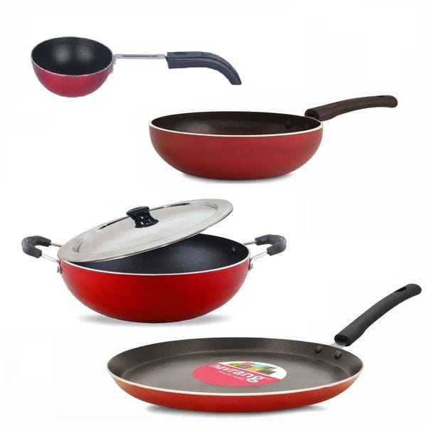 Buy NAVRANG Non stick Aluminium 5 Pc Cookware Set Tawa 260+Kadai 220+Frypan 220+Tadka Pan+ SS Lid.Red, Non Induction on EMI