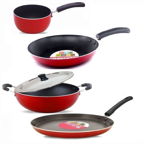 Buy Navrang Nonstick Five Pieces Cookware Set Dosa Tawa,Kadai,Sauce Pan, Fry Pan And Common SS Lid on EMI