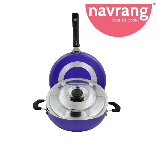 Buy Navrang Nonstick Cookware Set Tawa 260 + Kadai 220+Sslid,Non-Induction,Purple, on EMI