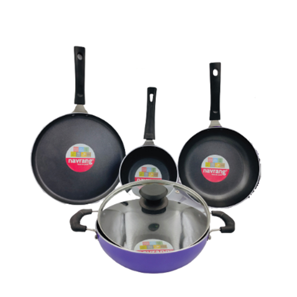 Buy Navrang NonStick Cookware Set Dosa tawa 260+Kadai220+Frypan220+Glass Lid,Non-Induction,Purple on EMI