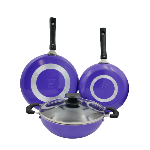 Buy Navrang Nonstick Cookwares Set Dosa Tawa 260+Kadai+Fry pan 220+Glass lid ,Non-Induction,Purple on EMI