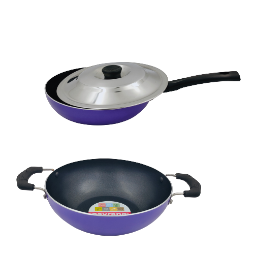 Buy Navrang Nonstick Cookwares Set Kadai+Fry pan 220+Ss lid ,Non-Induction,Purple on EMI