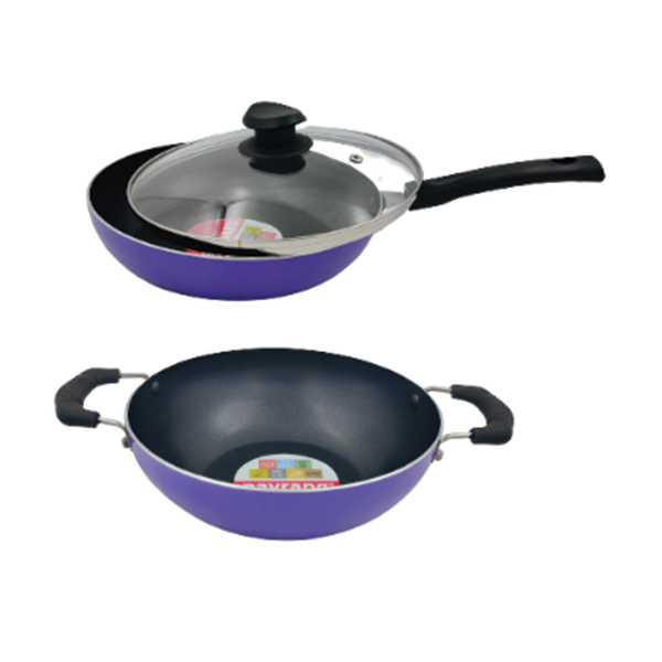 Buy Navrang Nonstick Cookwares Set Kadai+Fry pan 220+Glass lid ,Non-Induction,Purple on EMI