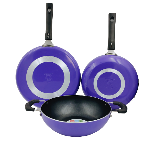 Buy Navrang Nonstcik Cookware Set Tawa 260 + Kadai 220+Frypan 220,Non-Induction,Purple, on EMI