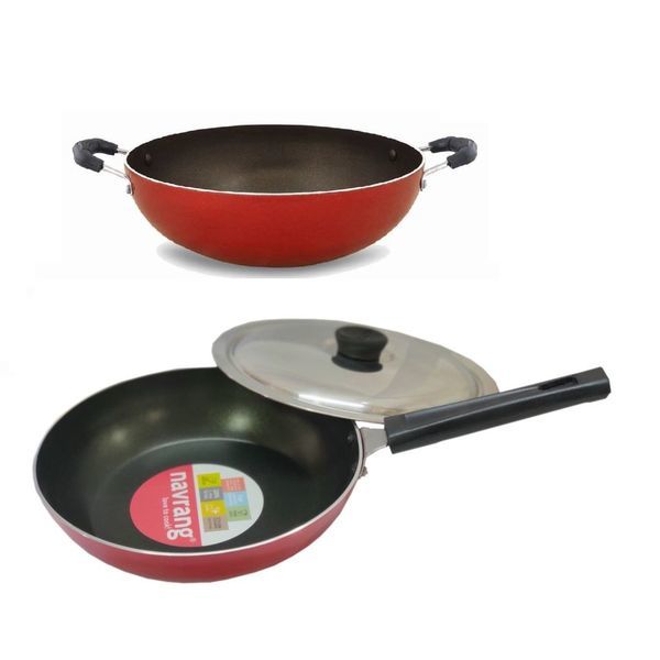 Buy NAVRANG NONSTICK COOKWARES SET KADAI AND FRYPAN WITH MACHING GLASS LID INDUCTION FRIENDLY on EMI