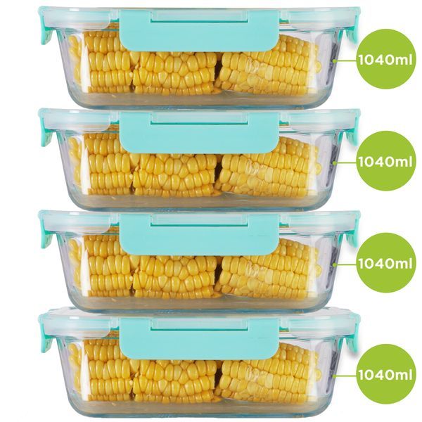 Buy Allo FoodSafe 1040ml Rectangle Glass Food Storage Container with Break Free Detachable Lock | 450C Oven Safe Microwave Safe | High Borosilicate | Leak Proof | Set of 4 on EMI