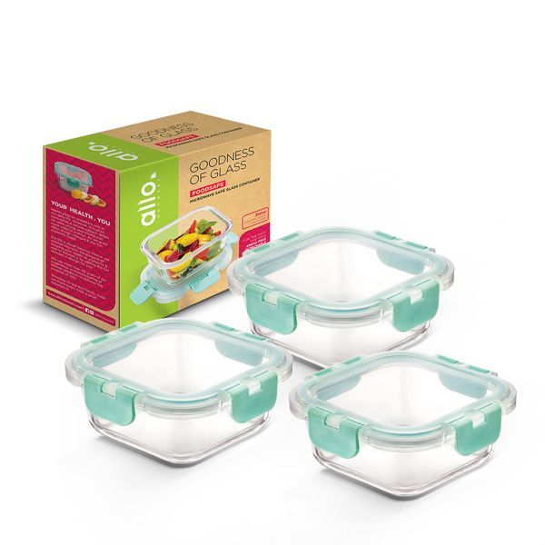 Buy Allo FoodSafe 310ml Square Glass Food Storage Container with Break Free Detachable Lock | 450C Oven Safe Microwave Safe | High Borosilicate | Leak Proof | Set of 3 on EMI