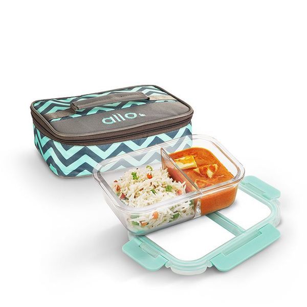 Buy Allo FoodSafe 580ml x 1 Glass Microwave 450C Oven Safe Lunch Box with Break Free Detachable Lock | High Borosilicate | Office Tiffin with Chevron Mint Flat Bag | Rectangle Divider on EMI