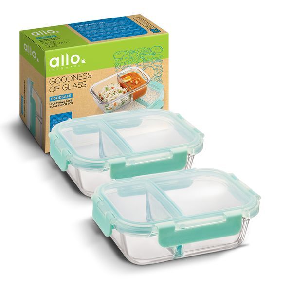 Buy Allo FoodSafe 580ml Glass Container with Break Free Detachable Lock | 450C Oven Safe Microwave Safe | High Borosilicate | Leak Proof | Set of 2 Rectangle Divider on EMI