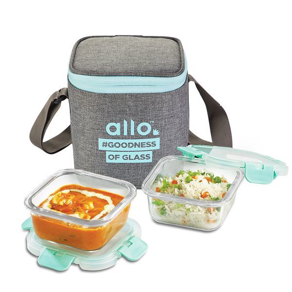 Buy Allo FoodSafe 310ml x 2 Glass Lunch Box with Break Free Detachable Lock | 450C Oven Safe Microwave Safe High Borosilicate | Office Tiffin with Canvas Grey Bag | Set of 2 Square on EMI
