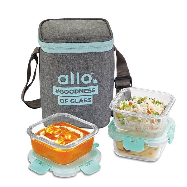 Buy Allo FoodSafe 310ml x 3 Glass Lunch Box with Break Free Detachable Lock | 450C Oven Safe Microwave Safe High Borosilicate | Office Tiffin with Canvas Grey Bag | Set of 3 Square on EMI