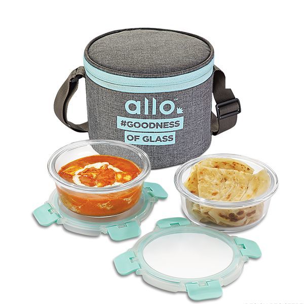 Buy Allo FoodSafe 390ml x 2 Glass Lunch Box with Break Free Detachable Lock | 450C Oven Safe Microwave Safe High Borosilicate | Office Tiffin with Canvas Grey Flat Bag | Set of 2 Round on EMI