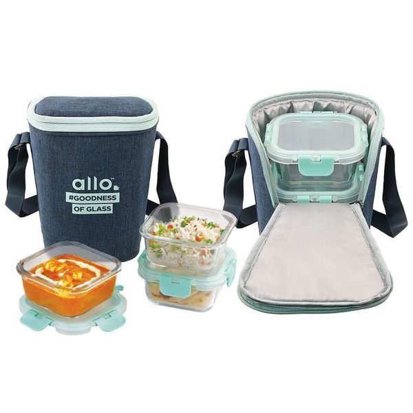 Buy Allo FoodSafe 310ml x 3 Glass Lunch Box with Break Free Detachable Lock | 450C Oven Safe Microwave Safe High Borosilicate | Office Tiffin with Denim Blue Bag | Set of 3 Square on EMI