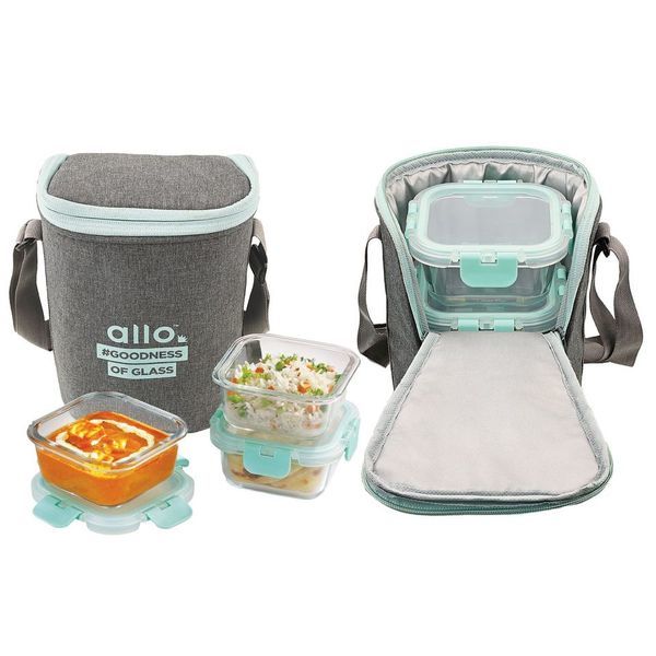Buy Allo FoodSafe 310ml x 3 Glass Lunch Box with Break Free Detachable Lock | 450C Oven Safe Microwave Safe High Borosilicate | Office Tiffin with Denim Grey Bag | Set of 3 Square on EMI