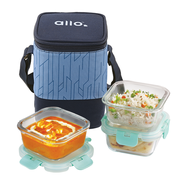 Buy Allo FoodSafe 310ml x 3 Glass Lunch Box with Break Free Detachable Lock | 450C Oven Safe Microwave Safe High Borosilicate | Office Tiffin with Space Blue Bag | Set of 3 Square on EMI
