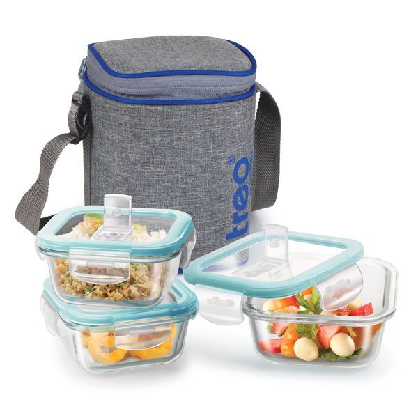 Buy Treo by Milton All Fresh Square Glass Tiffin Containers With Insulated Jacket, 3 Containers, 320 ml Each, Grey | Microwave Safe | Ovensafe | Stackable | Leak Proof | Office | School | College | Picnic on EMI