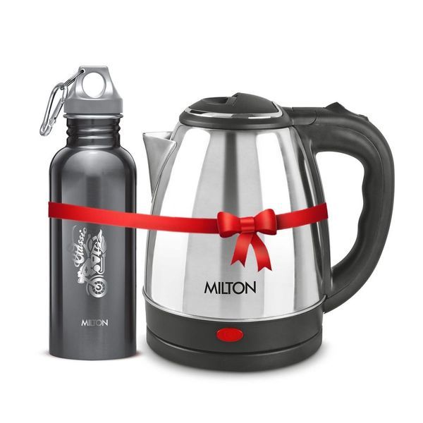 Buy Milton Combo Set Go Electro 1.2 Ltrs Electric Kettle and Alive 750 ml Black, Stainless Steel Water Bottle on EMI