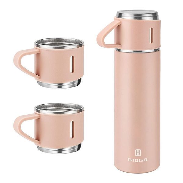 Buy Alqo Double Wall Stainless Steel Thermo 500ml Vacuum Insulated Bottle Water Flask Set with Two Cups Hot & Cold ( Pink ) on EMI