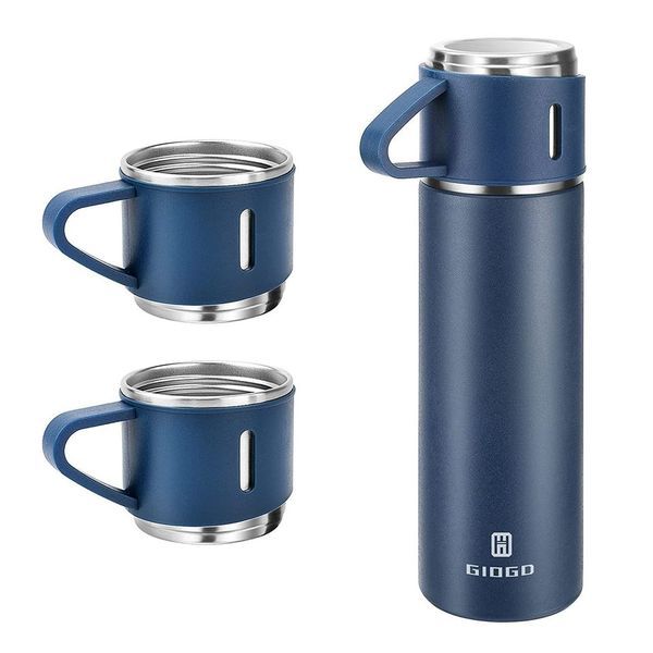 Buy ALQO Double Wall Stainless Steel Thermo 500ml Vacuum Insulated Bottle Water Flask Set with Two Cups Hot & Cold ( Blue  Color ) on EMI