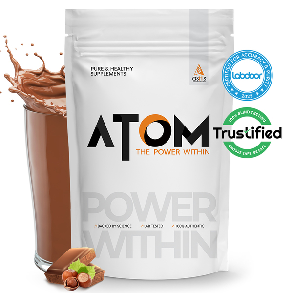 Buy AS-IT-IS ATOM Whey Protein 1kg | 27g protein | Isolate & Concentrate | Choco Hazel Fusion | USA Labdoor Certified | With Digestive Enzymes for better absorption on EMI