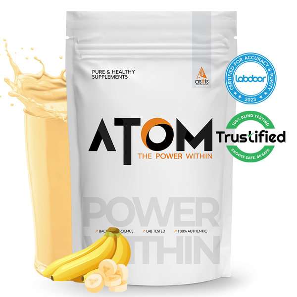 Buy AS-IT-IS ATOM Whey Protein 1kg | 27g protein | Isolate & Concentrate | Banana Fusion | USA Labdoor Certified | With Digestive Enzymes for better absorption on EMI