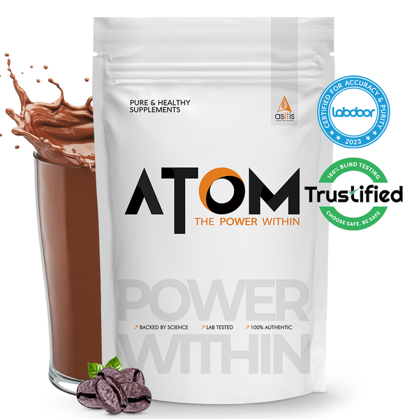 Buy AS-IT-IS ATOM Whey Protein 1kg | 27g protein | Isolate & Concentrate | Cafe Latte | USA Labdoor Certified | With Digestive Enzymes for better absorption on EMI