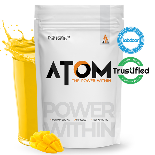 Buy AS-IT-IS ATOM Whey Protein 1kg | 27g protein | Isolate & Concentrate | Mango Fusion | USA Labdoor Certified | With Digestive Enzymes for better absorption on EMI
