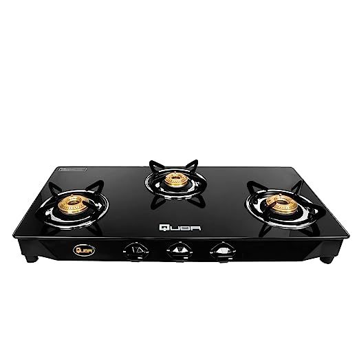 Buy QUBA 3 Burners Gas Stove In MS Black Glass Top With 2 Year Warranty (Manual Ignition) on EMI
