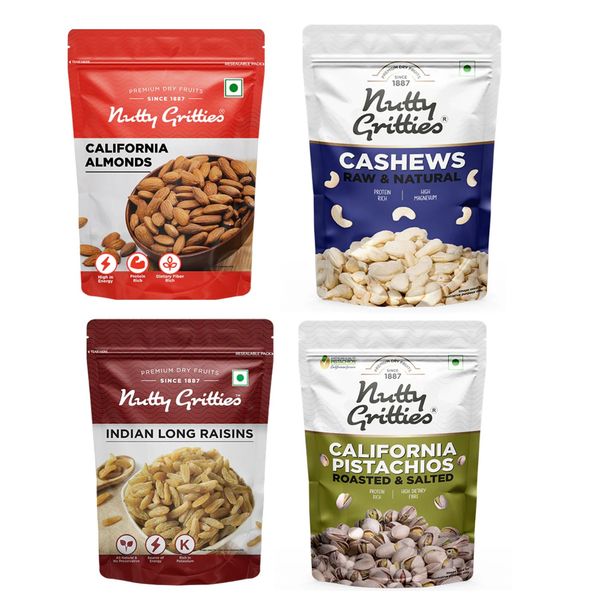 Buy Nutty Gritties Mixed Nuts Dry Fruits - California Almonds, Salted Pistachios, Cashew Nuts and Long Raisins Combo - 800g (4 pack of 200g each) on EMI